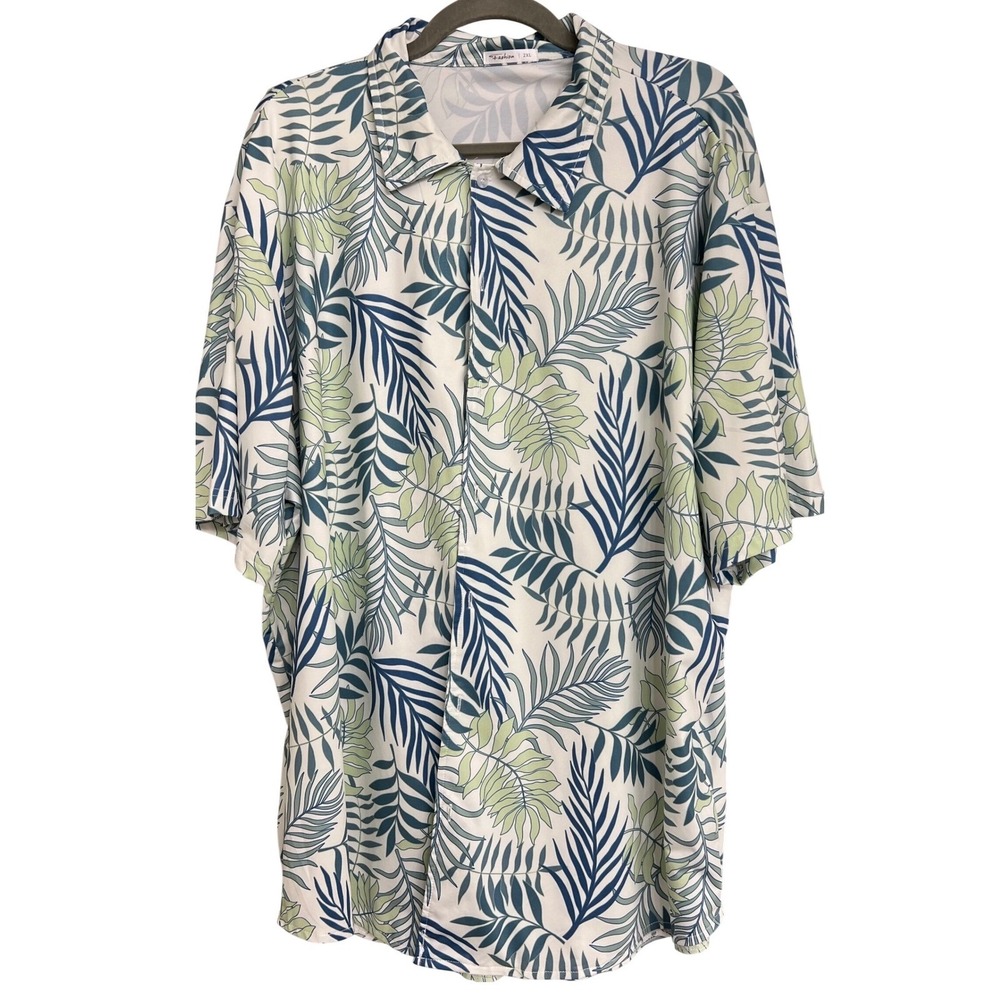 Fashion Mens 2XL Tropical Palm Leaf Hawaiian Shirt White Green Navy Short Sleeve